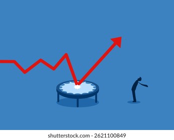 Downtrend Protection in Stock Market, Businessman Looking at Bounce Chart on Trampoline