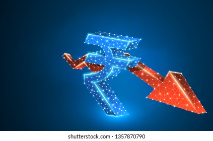 Downtrend red arrow, India Rupee currency, digital neon 3d illustration. Polygonal Vector business crisis, crash, data cash, finance concept. Low poly wireframe, triangle, lines, dots. Blue background