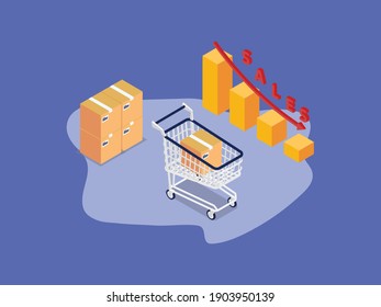 Downtrend retail 3D isometric vector concept for banner, website, illustration, landing page, flyer, etc