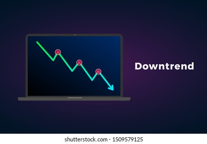 Downtrend trend definition flat icon with laptop - bearish chart pattern figure technical analysis. Vector stock and cryptocurrency exchange graph, forex analytics, trading market price.