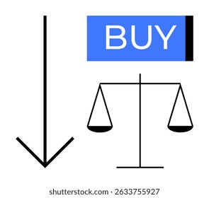 Downward arrow, blue BUY button, and black balance scale symbol. Ideal for investment decisions, market trends, ecommerce, financial analysis, purchasing decisions, stock market, business strategy