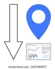 Seta para baixo, pin azul de local e interface do painel de controle analítico com gráficos e gráficos. Ideal para análise de negócios, tendências de mercado, visualização de dados, rastreamento de localização geográfica, desempenho