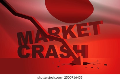 Downward arrow chart crashing, with the words Market Crash and Japanese flag displayed in red behind it. Illustrating economic downturns, financial crisis, or stock market failures