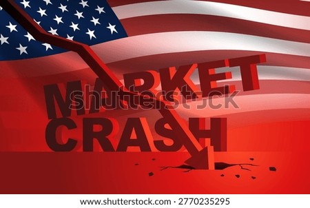 Downward arrow chart crashing, with the words Market Crash and USA flag displayed in red behind it. Illustrating economic downturns, financial crisis, or stock market failures