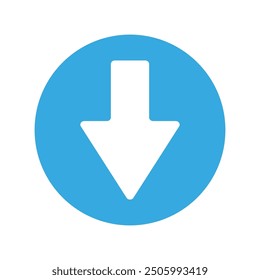 Downward arrow icon. Blue circular background. Simple clean vector. Download symbol.