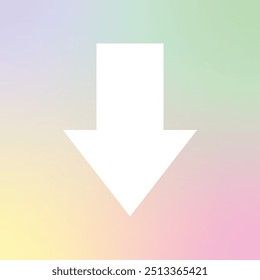 Flecha hacia abajo en degradado de arco iris: una flecha blanca minimalista que apunta hacia abajo contra un fondo degradado de arco iris suave y pastel. Esta Imagen evoca una sensación de movimiento, dirección y transición. Es
