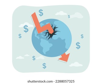 Downward arrow piercing through globe vector illustration. Cartoon drawing of arrow going through Earth, symbol of recession or financial failure. Financial crisis, finances, economy concept