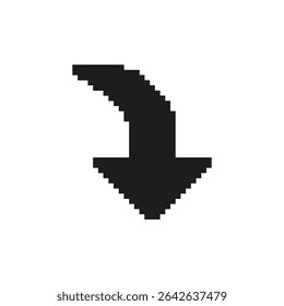 Downward Arrow Pixel Art Icon. Download, Navigation, And Directional Guidance Symbol. Retro Style Graphic For User Interface And Web Design. Isolated Vector Illustration.