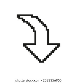 Downward Arrow Pixelated Icon. Pixel Art Symbol of a Direction, Navigation or Download Symbol. Arrow Pointing Down. Isolated Vector Illustration.