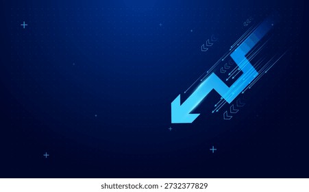 Downward arrow shows a clear point of move in finance, market trends. Falldown finance and business arrows blue on dark technology background, Dynamic arrows design vector illustration
