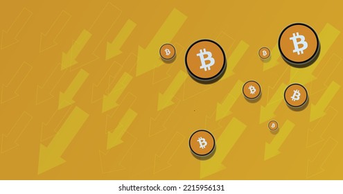 Downward arrows and Btc coins falling down shows drasticly price drop of Bitcoin in this illustration. Cryptocurrency Bitcoin value falling downward trend concept vector backdrop. 
