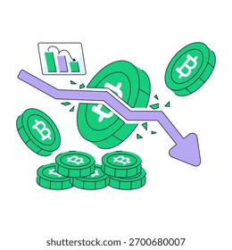 Downward arrows with btc symbolizing concept of bitcoin loss