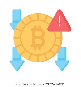 Downward arrows and warning sign with bitcoin showing concept vector of bitcoin fraud
