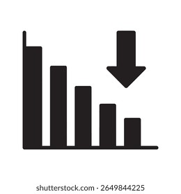 Ícone de gráfico de barras para baixo com uma seta decrescente representando uma perda financeira de recessão de negócios e uma queda em um mercado de crise ícone de glifo sólido vetorial