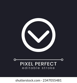 Downward direction button pixel perfect white linear ui icon for dark theme. Download button. Vector line pictogram. Isolated user interface symbol for night mode. Editable stroke. Poppins font used