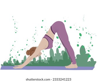 Dog Pose Abajo. Colección de poses de yoga plana dibujada a mano, vector orgánico. Joven practicando yoga en el estudio de yoga. Práctica física y espiritual. Ilustración vectorial al estilo de las caricaturas planas.