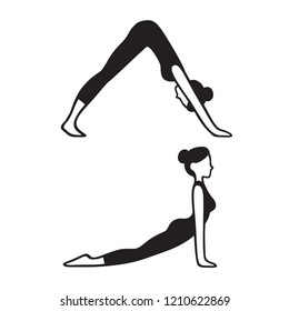 Downward facing dog (Adho mukha svanasana) and Upward facing dog (Urdhva mukha svanasana) yoga pose. Slim young woman in yoga asana, simple black and white drawing. Isolated vector illustration.