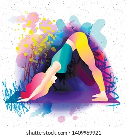 Downward facing dog Adho mukha svanasana Isolated vector illustration.Colorful watercolor background.Vector illustration.cosmic magical colors concept.