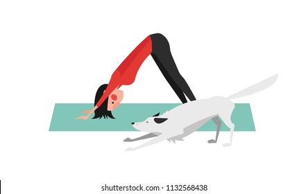 Downward Facing Dog Pose - Adho Mukha Svanasana. The Young Woman Practicing Yoga. The White Dog Stretching Itself in the Same Position.
