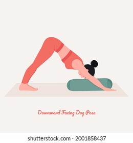 Downward Facing Dog Pose with bolster Yoga pose. Young woman practicing yoga  exercise. Woman workout fitness, aerobic and exercises. Vector Illustration.