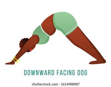 Downward facing dog pose flat vector illustration. Adho Mukha Shvanasana. African American, dark-skinned woman performing yoga posture. Workout, fitness. Isolated cartoon character on white background