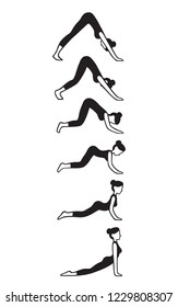 Downward facing dog to upward facing dog asana flow, yoga pose transition animation. Simple illustration of woman doing Hindu pushup.