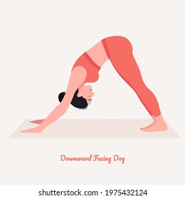  Downward Facing Dog Yoga pose. Young woman practicing yoga  exercise. Woman workout fitness, aerobic and exercises. Vector Illustration.