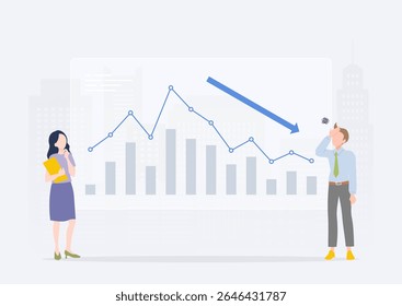 Um gráfico descendente mostrando vendas em declínio e baixo desempenho e um empresário deprimido