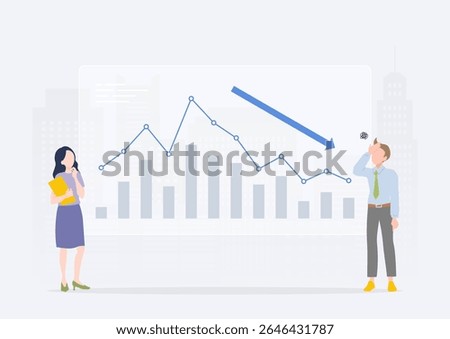 A downward graph showing declining sales and poor performance and a depressed businessman
