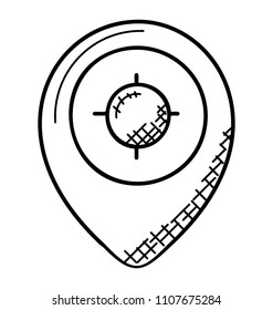 
A downward location sign depicting pinpointer.
