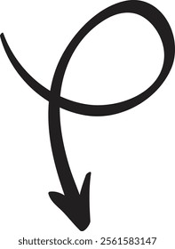 Downward pointing arrow featuring a loop, hand drawn in black ink against a clean white background, symbolizing direction, movement, and emphasis in design and communication