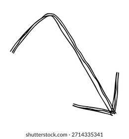 Icono de línea dibujado a mano de flecha en ángulo recto hacia abajo Ilustración vectorial monocromática con múltiples líneas superpuestas