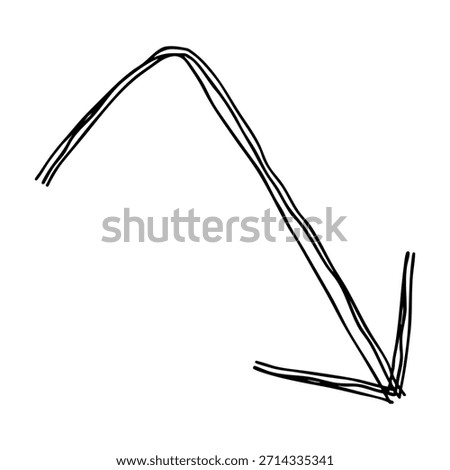Downward right-angled arrow hand-drawn line icon Monochrome vector illustration with multiple overlapping lines