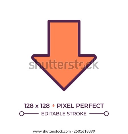 Downward thick arrow RGB color ico. Pointer symbolizing direction or download. Falling down. Decrease and discount. Isolated vector illustration. Simple filled line drawing. Editable stroke