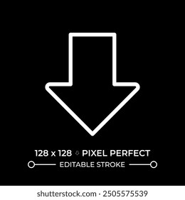 Downward thick arrow white linear icon for dark theme. Pointer symbolizing direction or download. Falling down. Decrease. Thin line illustration. Isolated symbol for night mode. Editable stroke