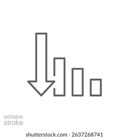 Downward Trend Bar Chart Icon in Outline Line Style Editable Stroke Representing Loss Decline and Negative Business Performance