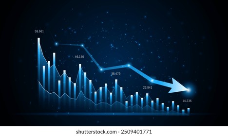 Tendencia a la baja del gráfico de negocios o el concepto de inversión con ganancias decrecientes. flecha descendente de la compañía