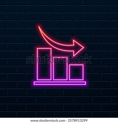 Downward trend chart. Arrow pointing down the graph. neon style. Pictogram isolated.