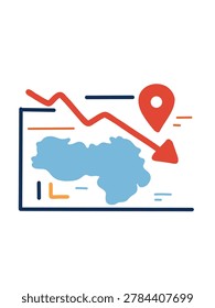 downward trend chart combined with map pin for business performance analysis visualization