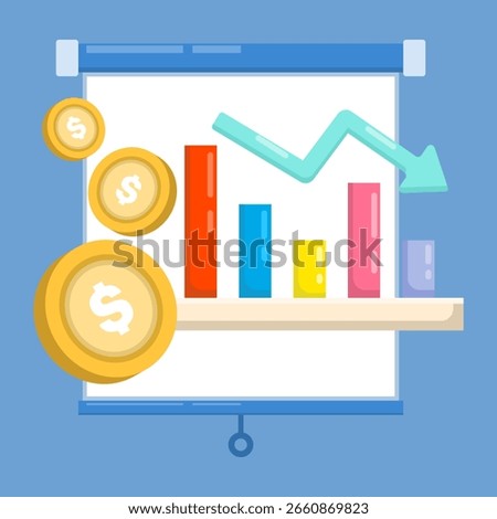 Downward trend concept, featuring coins and bars. The chart shows a decline, indicating a financial crisis. Economic chart with a downward trend. Economic decline and financial instability.