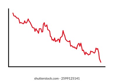 Downward trend, schematic chart. Declining red line graph depicting a downward trend with fluctuations, indicating decrease over time. Greatly simplified symbol of downturn, falling, and loss. Vector