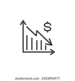 Downward trending line icon. linear style sign for mobile concept and web design. Recession economic graph with a dollar sign outline vector icon. Dollar crash symbol, logo illustration. 