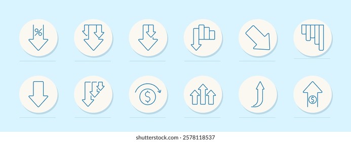 Downward trends set icon. Arrows, percentage drops, bar decreases, revenue loss, currency cycles. Represent financial loss, statistics, and analytics