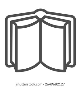 Downward turned textbook line icon, book festival concept. Vector graphics. Opened hardcover book with pages, reading sign on white background, outline style icon for mobile or web design