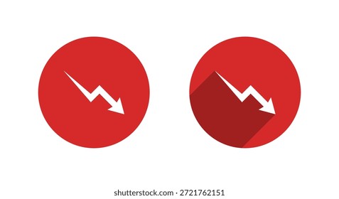 Icono de flecha en zigzag hacia abajo con sombra larga. Indicador de pérdida financiera, símbolo de progreso de caída