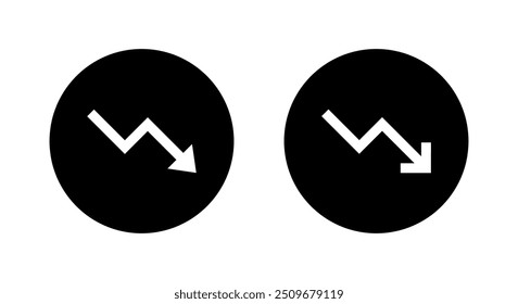 Icono de flecha en zigzag hacia abajo en círculo negro. Símbolo de signo de accidente de mercado