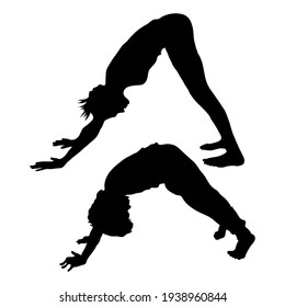 Downward-facing dog Adho Mukha Svanasana position, yoga exercise. Vector silhouette woman and child isolated white. Mom and son are doing yoga. Girl and boy stand bent  their hands touching the floor