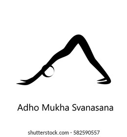 Downward-Facing Dog, Adho Mukha Svanasana. Yoga Position. Vector Silhouette Illustration. Vector graphic design or logo element for spa center, studio, poster. Yoga retreat. Black. Isolated.