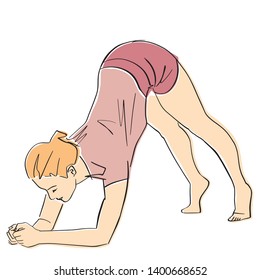 Downward-facing dog yoga pose. Triangle pose. Fitness concept hand drawn colorful illustration. Isolated contour and pastel colors. Abstract drawing. Vector sport cartoon.