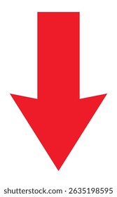 Seta vermelha voltada para baixo representando símbolo direcional para navegação, apontando para baixo, gráfico isolado para uso infográfico, de apresentação ou de sinalização.